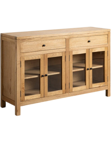 Grand Buffet Vitrine scandinave moderne Bas 4 portes 2 tiroirs 140 cm Bois de mindi Naturel Verre Transparent Mindi