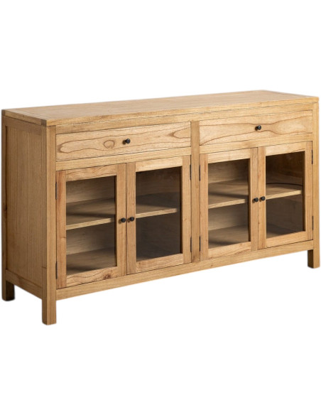 Grand Buffet Vitrine scandinave moderne Bas 4 portes 2 tiroirs 160 cm Bois de mindi Naturel Verre Transparent Mindi