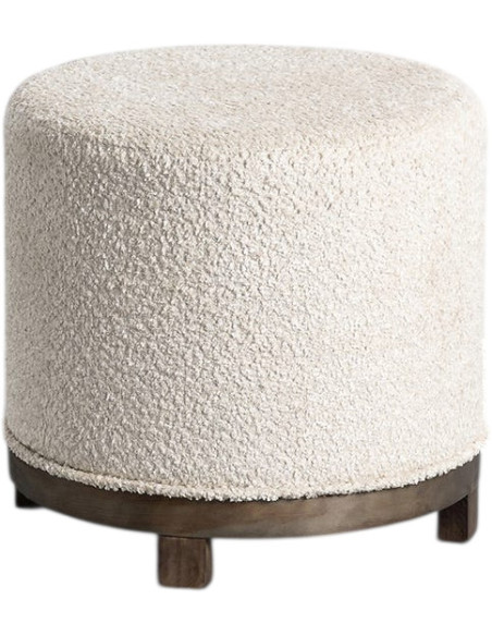 Pouf pivotant moderne chic bouclette Rond 50 cm Tissu Blanc crème Bouclé Bois MDF Marron foncé Loopa
