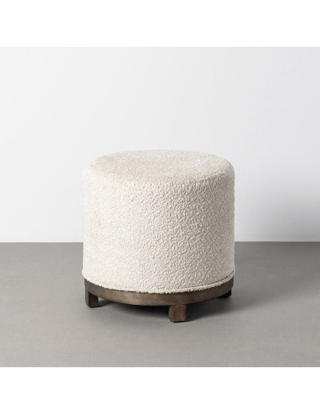 Pouf pivotant moderne chic bouclette Rond 50 cm Tissu Blanc crème Bouclé Bois MDF Marron foncé Loopa