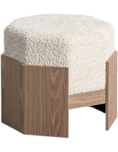 Pouf design chic bouclette Hexagonal 50 cm Tissu Blanc crème Bouclé Bois MDF Naturel Blocca