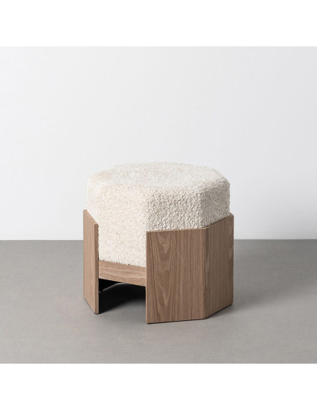 Pouf design chic bouclette Hexagonal 50 cm Tissu Blanc crème Bouclé Bois MDF Naturel Blocca