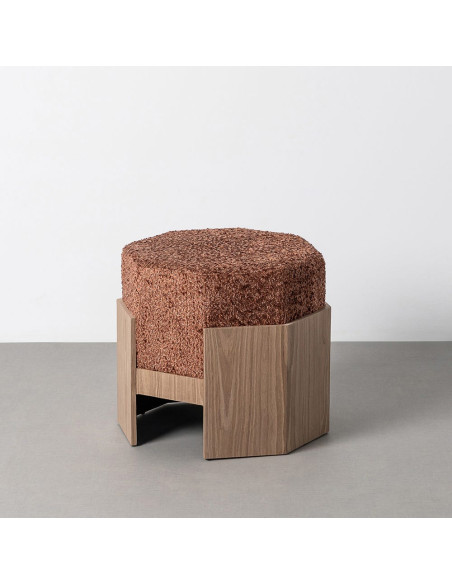 Pouf design chic bouclette Hexagonal 50 cm Tissu Terracotta Bouclé Bois MDF Naturel Blocca
