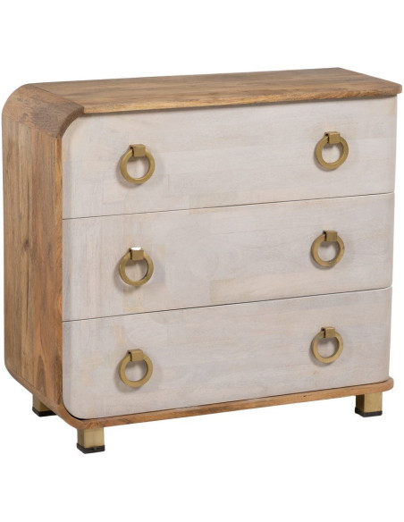 Commode moderne 3 tiroirs en Bois de manguier Blanc Vieilli Naturel Métal Doré Zuria