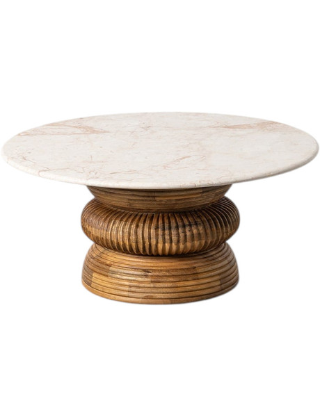 Table basse ronde Ø80 cm marbre beige et bois de manguier...