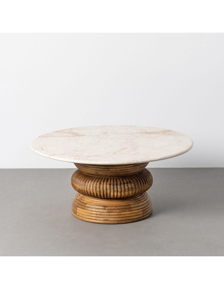 Table basse ronde Ø80 cm marbre beige et bois de manguier Strattia