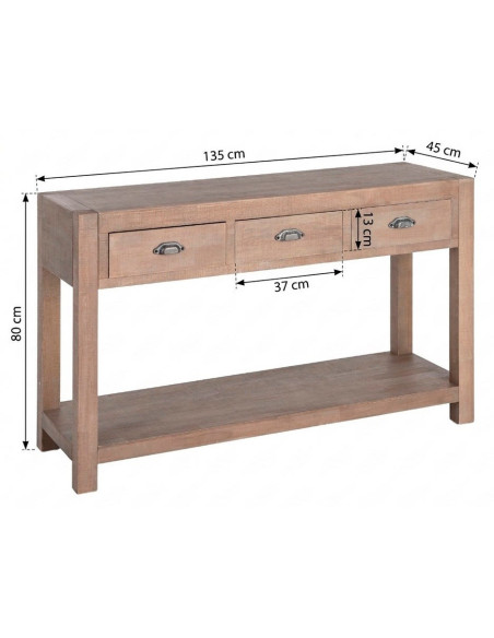 Console Maison de campagne chic Rectangulaire 3 tiroirs 1 étagère 135 cm Bois de pin Naturel Cottage