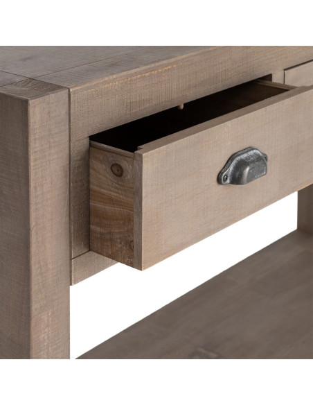 Console Maison de campagne chic Rectangulaire 3 tiroirs 1 étagère 135 cm Bois de pin Naturel Cottage