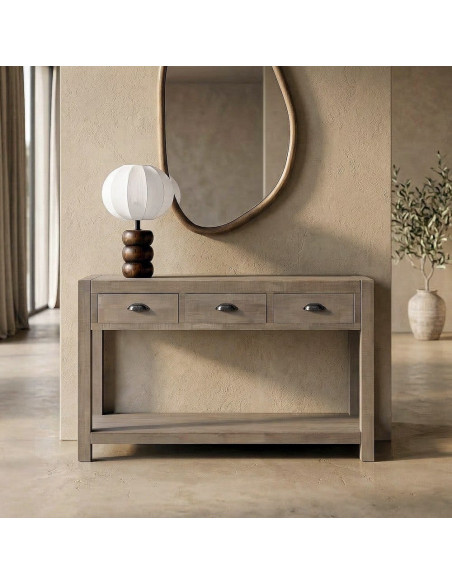 Console Maison de campagne chic Rectangulaire 3 tiroirs 1 étagère 135 cm Bois de pin Naturel Cottage