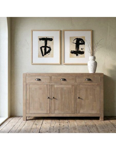 Buffet Maison de campagne chic Bas 3 portes 3 tiroirs 140 cm Bois de pin Naturel Cottage