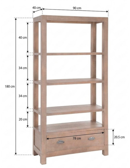 Étagère Bibliothèque Maison de campagne chic 1 tiroir 5 niveaux Bois de pin Naturel Cottage