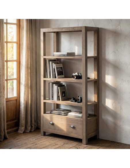 Étagère Bibliothèque Maison de campagne chic 1 tiroir 5 niveaux Bois de pin Naturel Cottage