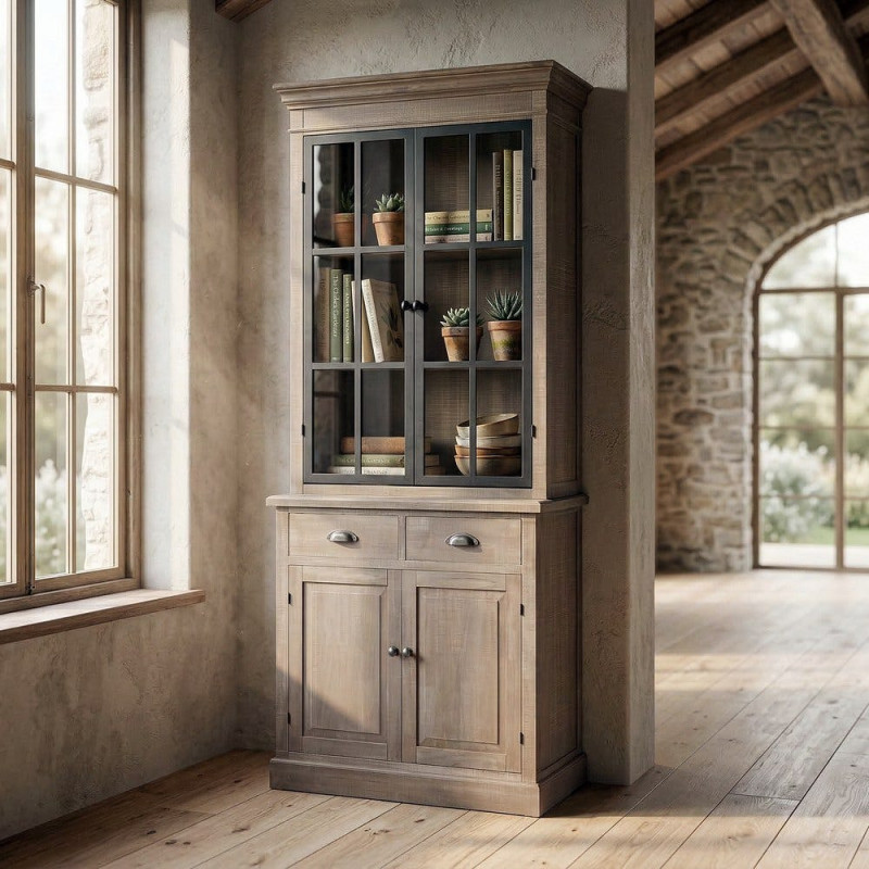Buffet Vitrine Maison de campagne chic Haut 4 portes 2 tiroirs Bois de pin Naturel Métal Noir Verre Transparent Cottage 