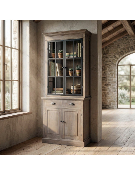Buffet Vitrine Maison de campagne chic Haut 4 portes 2 tiroirs Bois de pin Naturel Métal Noir Verre Transparent Cottage 