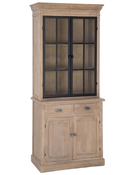 Buffet Vitrine Maison de campagne chic Haut 4 portes 2 tiroirs Bois de pin Naturel Métal Noir Verre Transparent Cottage