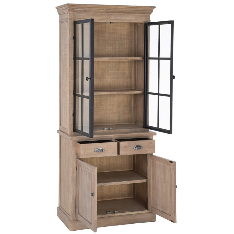 Buffet Vitrine Maison de campagne chic Haut 4 portes 2 tiroirs Bois de pin Naturel Métal Noir Verre Transparent Cottage 