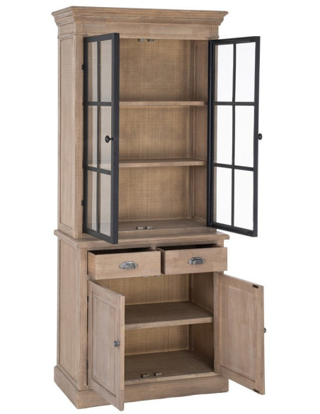 Buffet Vitrine Maison de campagne chic Haut 4 portes 2 tiroirs Bois de pin Naturel Métal Noir Verre Transparent Cottage 