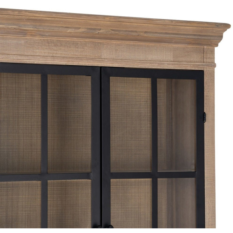 Buffet Vitrine Maison de campagne chic Haut 4 portes 2 tiroirs Bois de pin Naturel Métal Noir Verre Transparent Cottage 