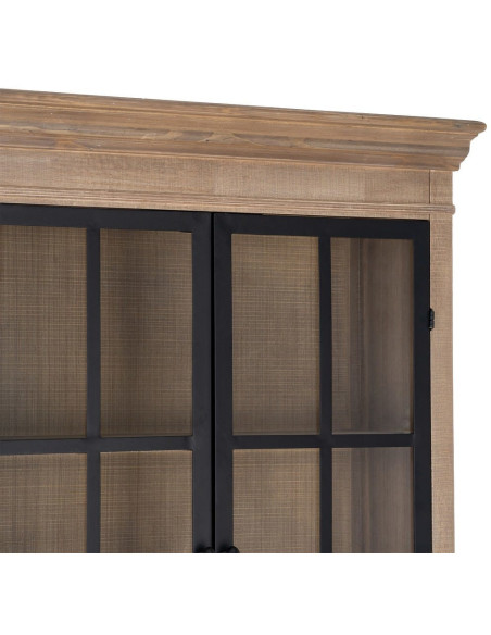 Buffet Vitrine Maison de campagne chic Haut 4 portes 2 tiroirs Bois de pin Naturel Métal Noir Verre Transparent Cottage 