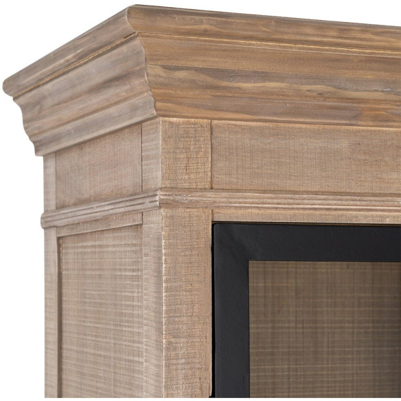 Buffet Vitrine Maison de campagne chic Haut 4 portes 2 tiroirs Bois de pin Naturel Métal Noir Verre Transparent Cottage 