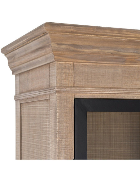 Buffet Vitrine Maison de campagne chic Haut 4 portes 2 tiroirs Bois de pin Naturel Métal Noir Verre Transparent Cottage 