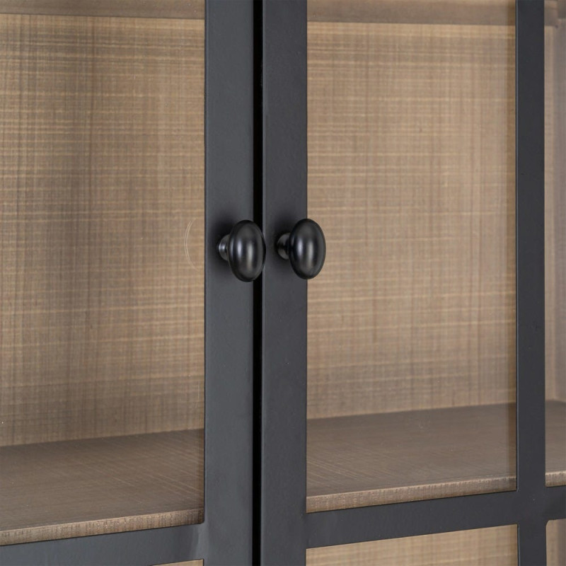 Buffet Vitrine Maison de campagne chic Haut 4 portes 2 tiroirs Bois de pin Naturel Métal Noir Verre Transparent Cottage 