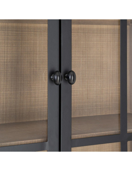 Buffet Vitrine Maison de campagne chic Haut 4 portes 2 tiroirs Bois de pin Naturel Métal Noir Verre Transparent Cottage 