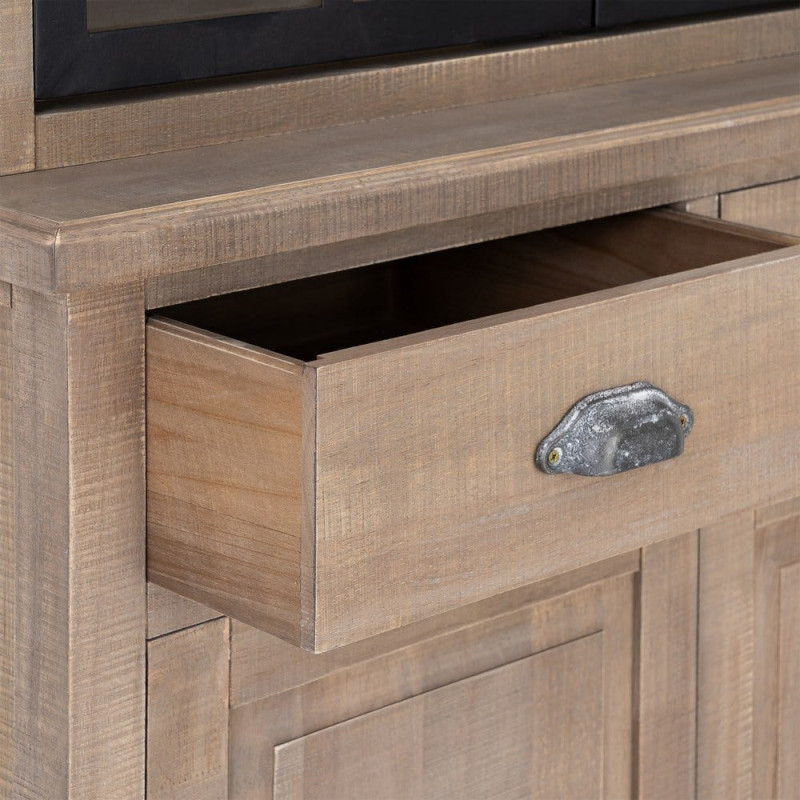 Buffet Vitrine Maison de campagne chic Haut 4 portes 2 tiroirs Bois de pin Naturel Métal Noir Verre Transparent Cottage 