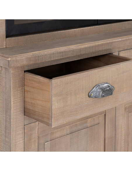 Buffet Vitrine Maison de campagne chic Haut 4 portes 2 tiroirs Bois de pin Naturel Métal Noir Verre Transparent Cottage 