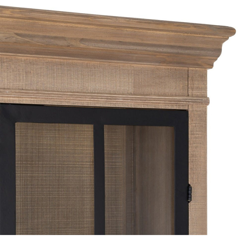 Buffet Vitrine Maison de campagne chic Haut 4 portes 2 tiroirs Bois de pin Naturel Métal Noir Verre Transparent Cottage 