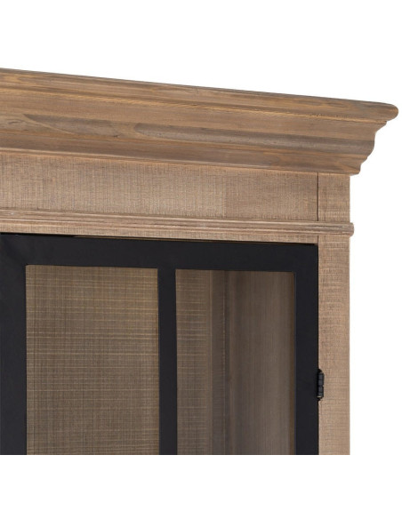 Buffet Vitrine Maison de campagne chic Haut 4 portes 2 tiroirs Bois de pin Naturel Métal Noir Verre Transparent Cottage 