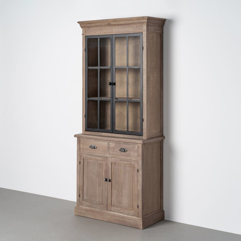 Buffet Vitrine Maison de campagne chic Haut 4 portes 2 tiroirs Bois de pin Naturel Métal Noir Verre Transparent Cottage 