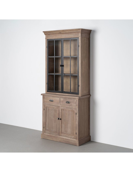 Buffet Vitrine Maison de campagne chic Haut 4 portes 2 tiroirs Bois de pin Naturel Métal Noir Verre Transparent Cottage 