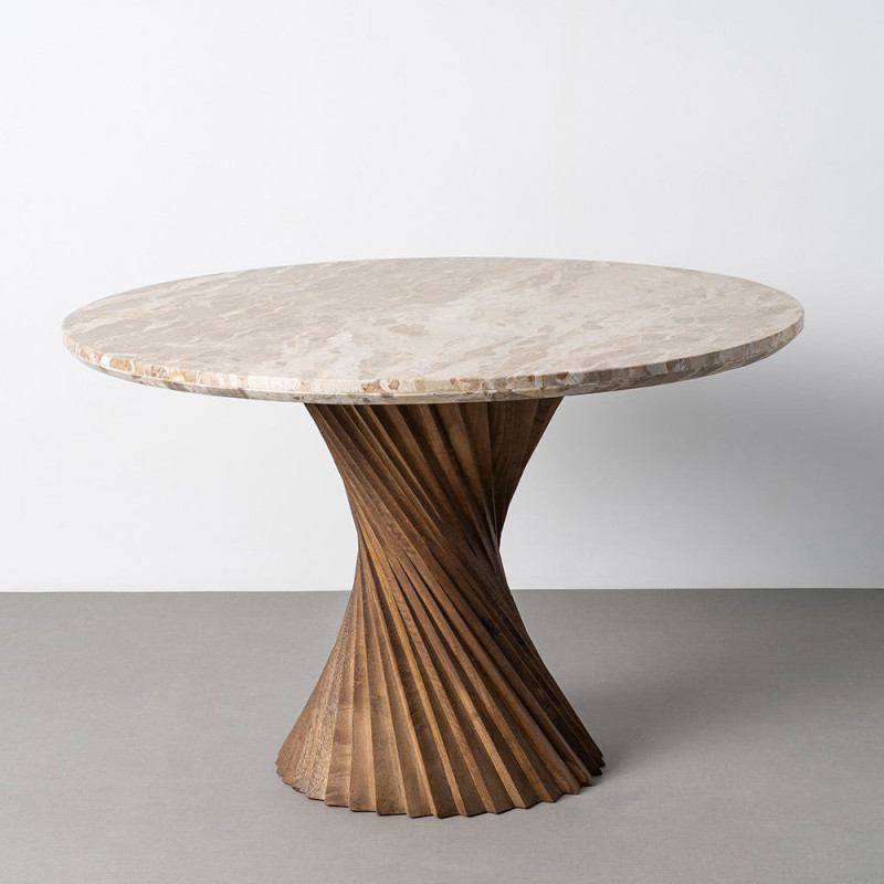 Table à manger style sculptural contemporain Ronde 4 personnes 120 cm Marbre Beige Bois de manguier Marron Torsia 