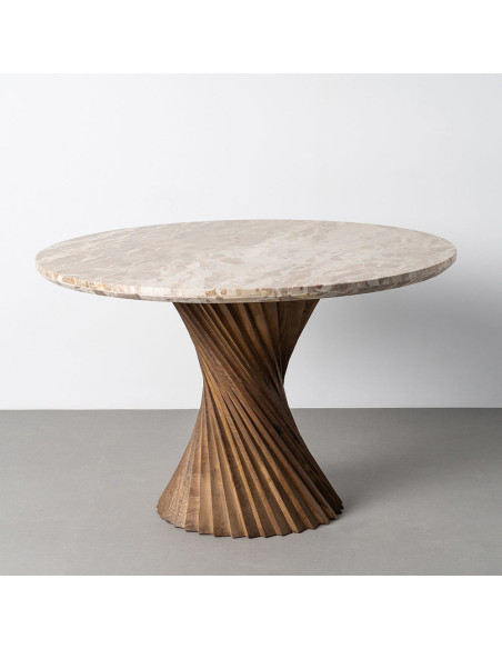 Table à manger style sculptural contemporain Ronde 4 personnes 120 cm Marbre Beige Bois de manguier Marron Torsia 