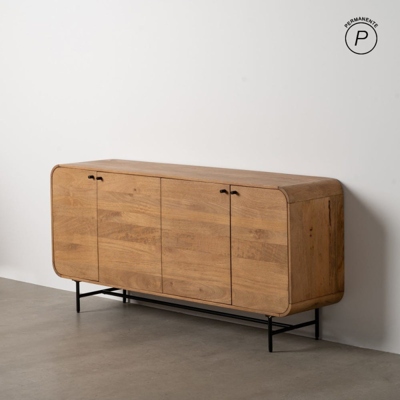 Grand Buffet mid-century moderne Bas 4 portes 170 cm Bois de manguier Naturel Métal Noir Mahon 