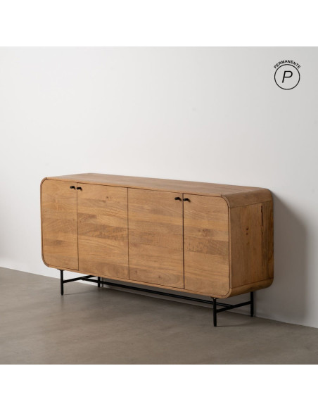 Grand Buffet mid-century moderne Bas 4 portes 170 cm Bois de manguier Naturel Métal Noir Mahon 