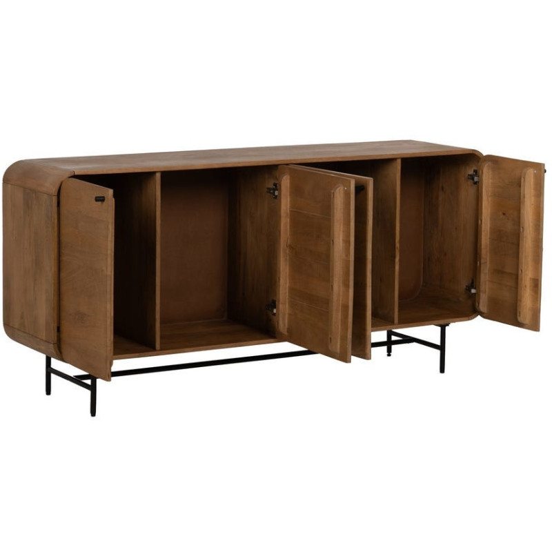 Grand Buffet mid-century moderne Bas 4 portes 170 cm Bois de manguier Naturel Métal Noir Mahon 
