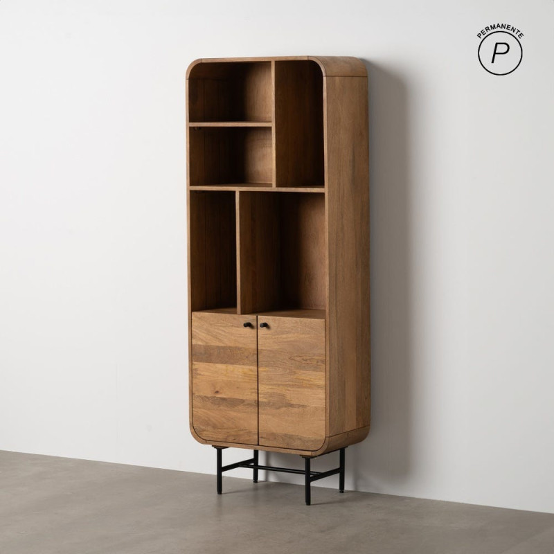 Bibliothèque mid-century moderne 2 portes 5 niches Bois de manguier Naturel Métal Noir Mahon 