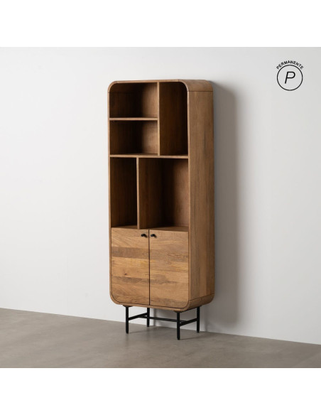 Bibliothèque mid-century moderne 2 portes 5 niches Bois de manguier Naturel Métal Noir Mahon 