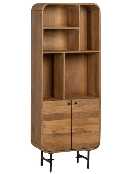 Bibliothèque mid-century moderne 2 portes 5 niches Bois de manguier Naturel Métal Noir Mahon