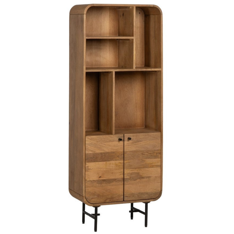 Bibliothèque mid-century moderne 2 portes 5 niches Bois de manguier Naturel Métal Noir Mahon