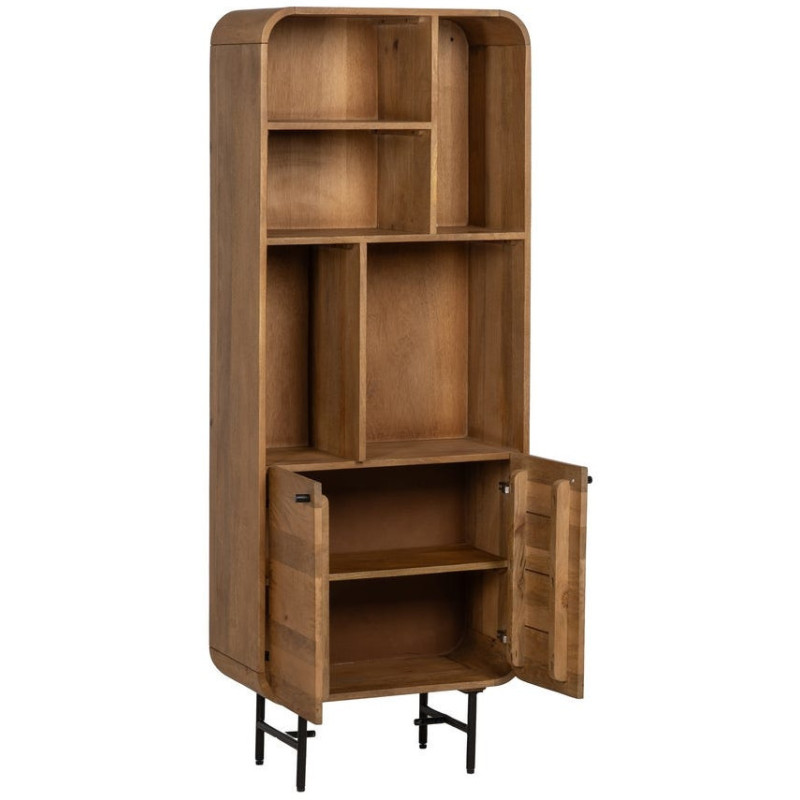 Bibliothèque mid-century moderne 2 portes 5 niches Bois de manguier Naturel Métal Noir Mahon 