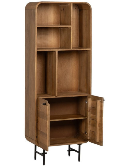 Bibliothèque mid-century moderne 2 portes 5 niches Bois de manguier Naturel Métal Noir Mahon 