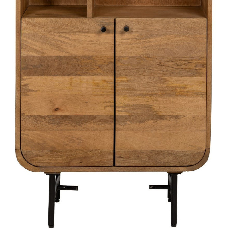 Bibliothèque mid-century moderne 2 portes 5 niches Bois de manguier Naturel Métal Noir Mahon 