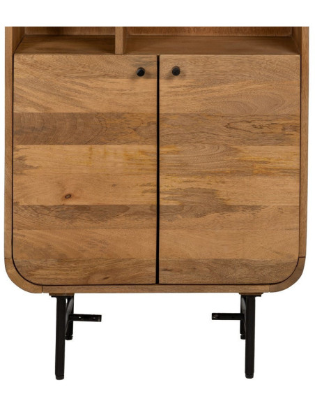 Bibliothèque mid-century moderne 2 portes 5 niches Bois de manguier Naturel Métal Noir Mahon 