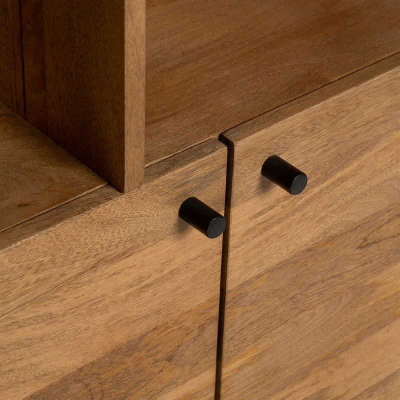 Bibliothèque mid-century moderne 2 portes 5 niches Bois de manguier Naturel Métal Noir Mahon 