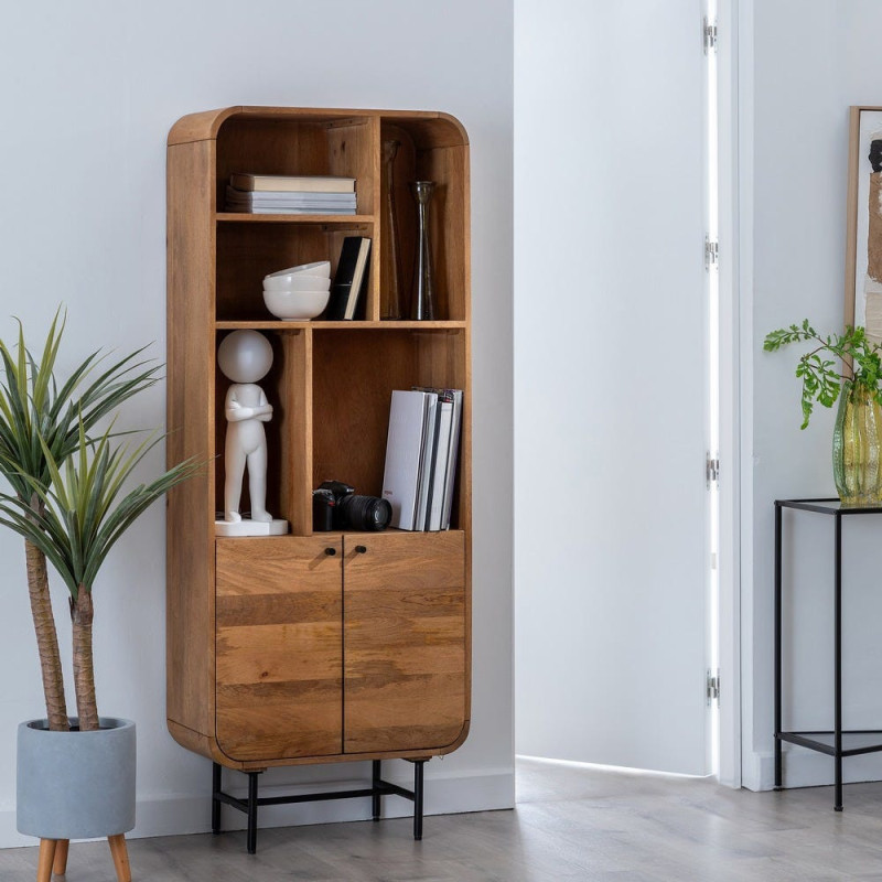 Bibliothèque mid-century moderne 2 portes 5 niches Bois de manguier Naturel Métal Noir Mahon 