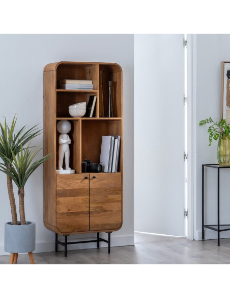 Bibliothèque mid-century moderne 2 portes 5 niches Bois de manguier Naturel Métal Noir Mahon 