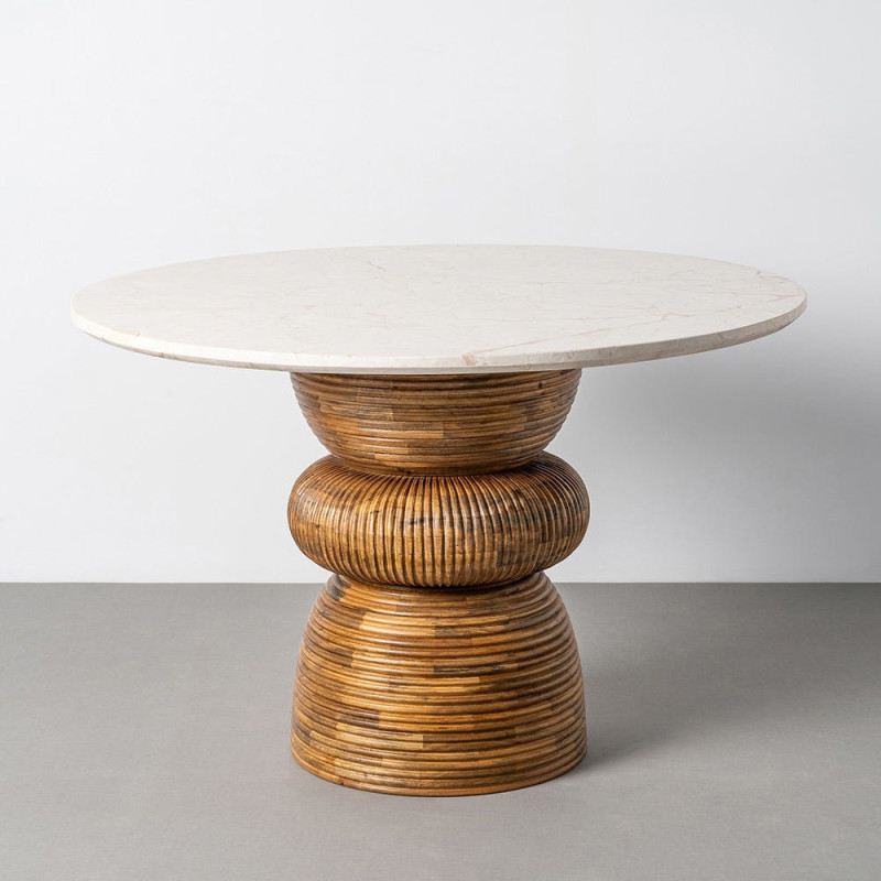 Table à manger style contemporain organique Ronde 4 personnes 120 cm Marbre Beige Bois de manguier Marron Strattia 